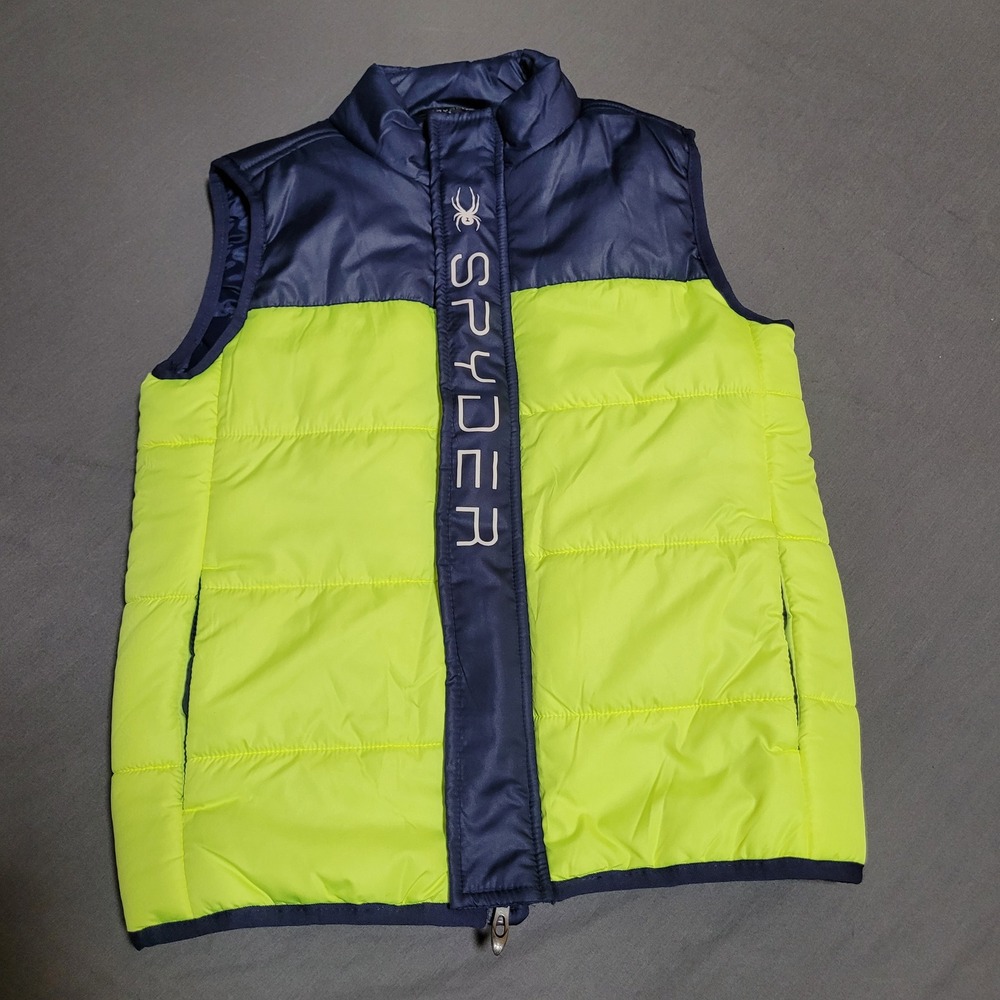 Spyder Kids Puffer Vest Neon Yellow Navy Blue Size 6 Lightweight Zip Up youth